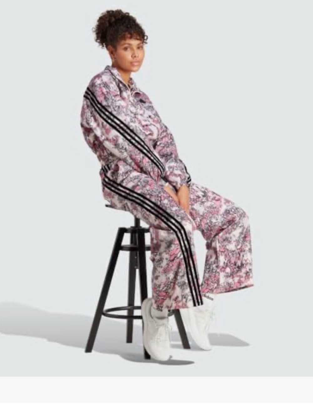 adidas Pink Floral Wide Leg Track Pants with Black 3-Stripes